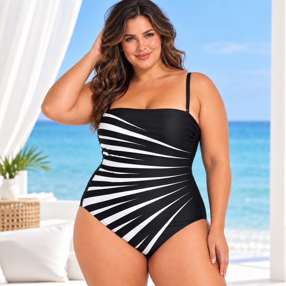 VENUS One Piece Swimsuit Women's 22 Black White Striped Molded Cup Plus Size